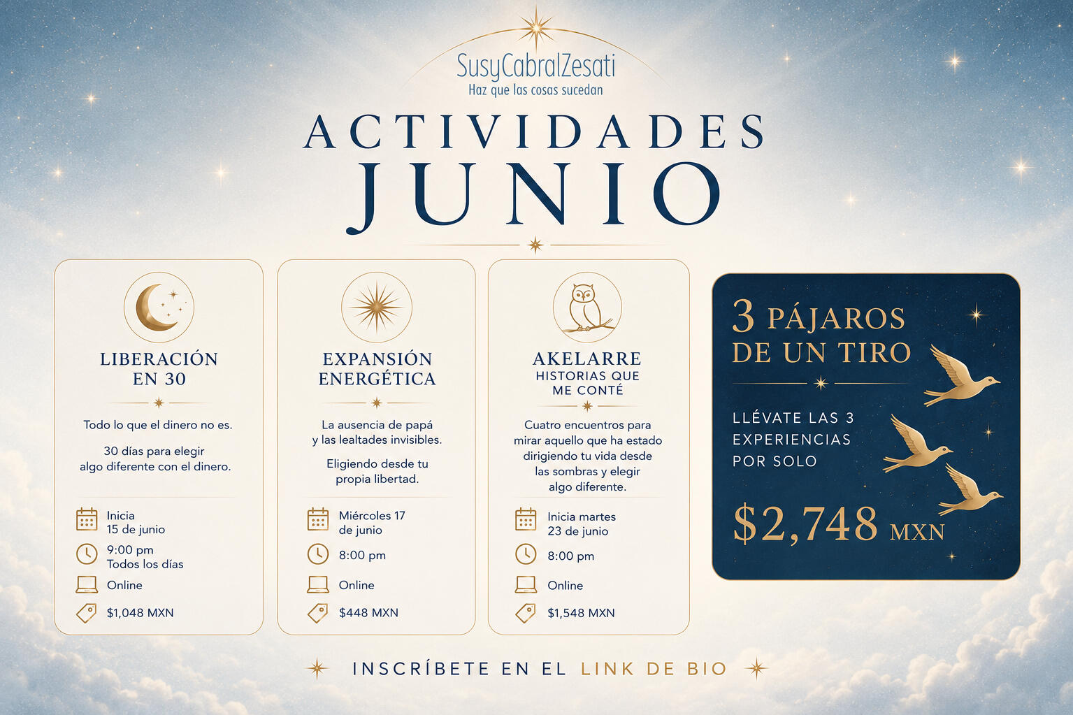 ¿Qué elegirías si dejaras de sostener historias, lealtades y limitaciones que ya no te funcionan? Este mes creé tres experiencias para abrir más posibilidades, más conciencia y más libertad de elección. Y si eliges las tres, aprovecha la promoción especi
